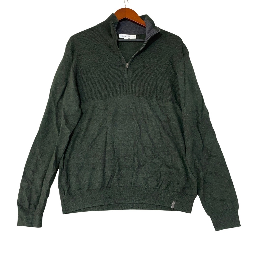 Calvin Klein Men's L Green Merino Wool 1/4 Zip Pullover Sweater Blend